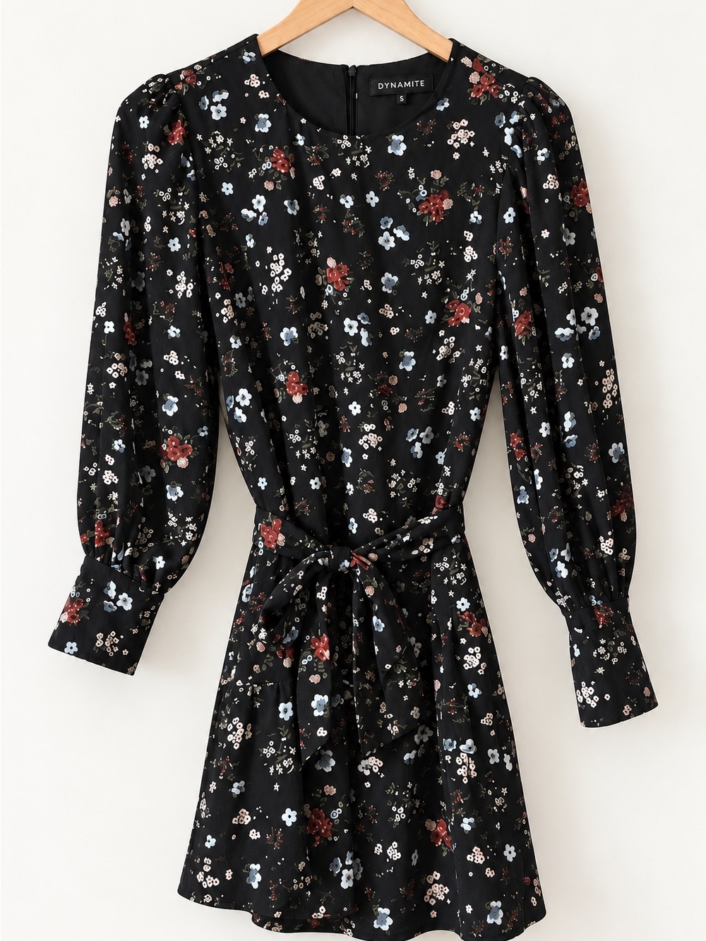 Dynamite Black Floral Tie-Waist Mini Dress Size S